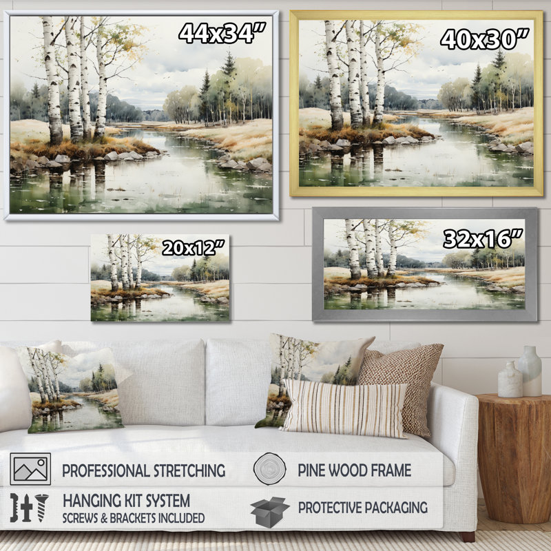Birch Woods Birch Haven - Art mural de bouleau, H 34 po x l 44 po x P 1,5 po, Cadre simple blanc