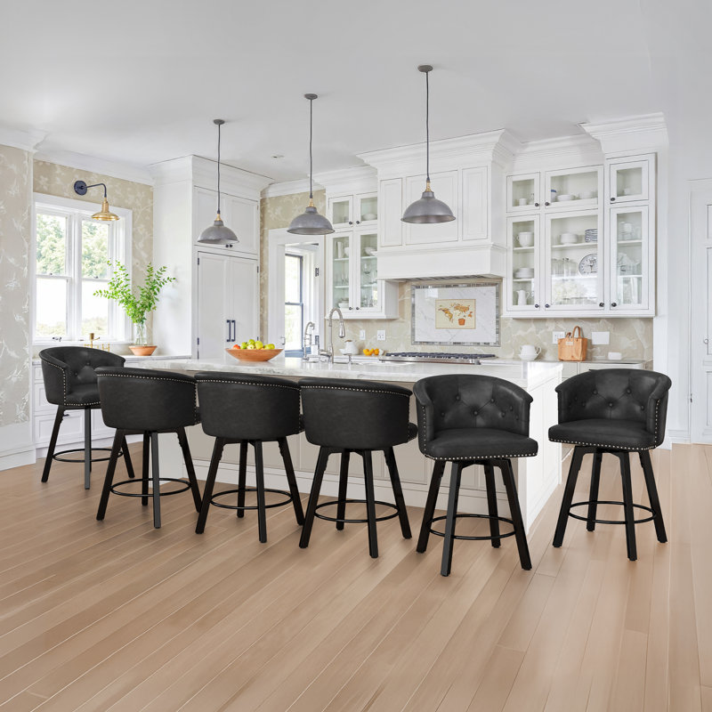 Swivel Counter Stool With Upholstered Seat And Metal Frame,Set Of 6, Black