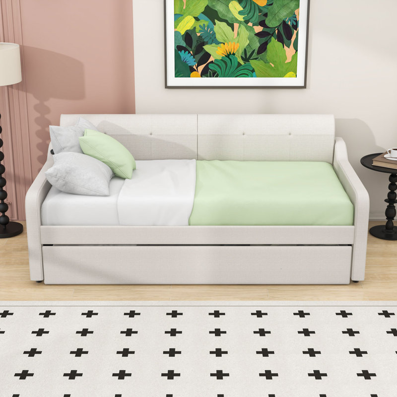 Twin Upholstery Daybed with Twin Trundle and USB Charging Port, Beige