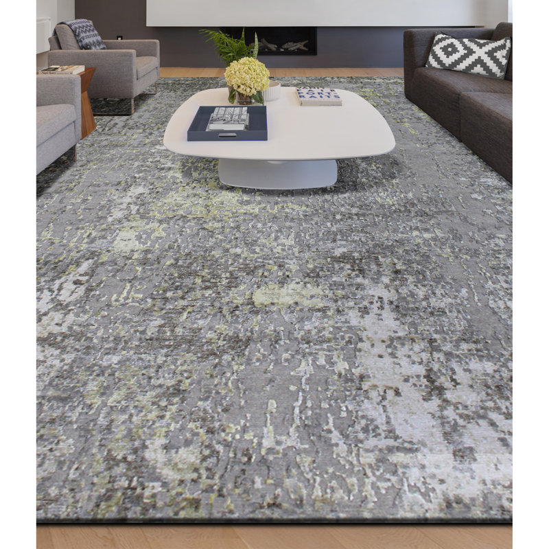 Tapis rectangulaire en viscose noué à la main beige / blanc / gris, Rectangle de 5 pi x 8 pi