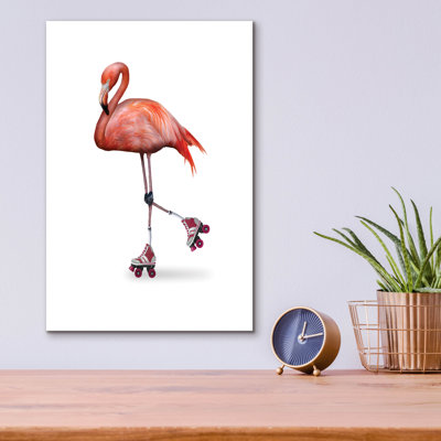  «Flamingo Roller Skating» par John Hovenstine, art mural en verre acrylique, 12 po x 16 po