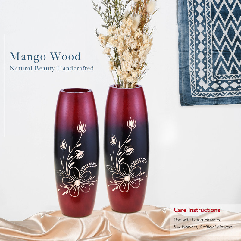 Handmade 8" Black and Faded Brown Mango Wood Vase Set