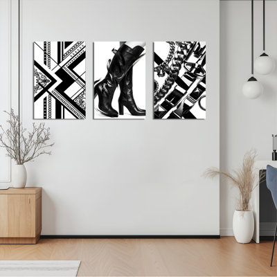 Motif géométrique noir et blanc avec bottes, reproduction d'art sur toile tendue sur toile, ensemble de 3
