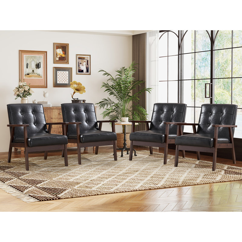 Chesterle 25''Wide Retro Upholstered Tufted Accent Chair With Solid Wood Legs, Black Faux Leather