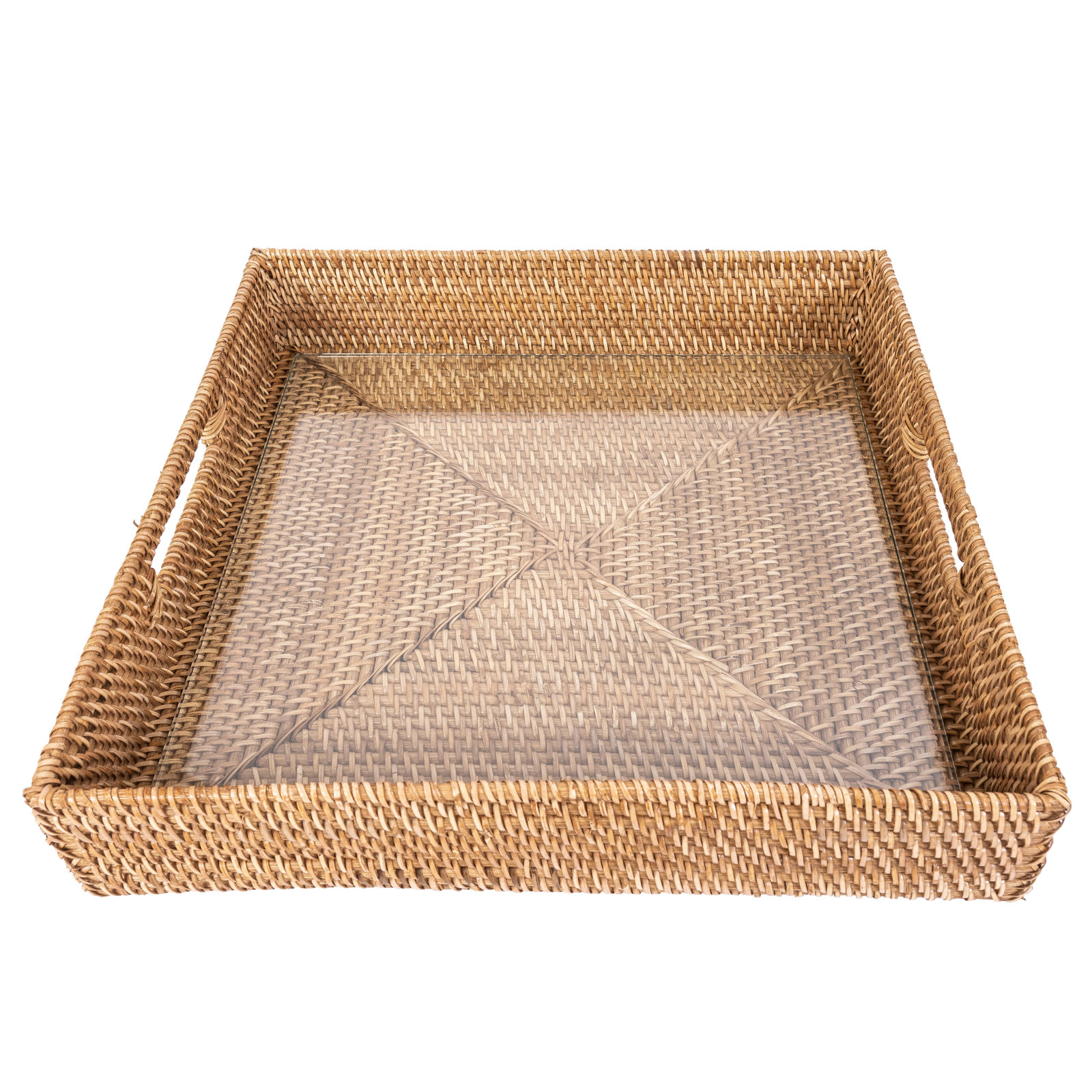 Serving Ottoman Trays With Glass Insert, Honey Brown, 20"W x 20"D x 3"H