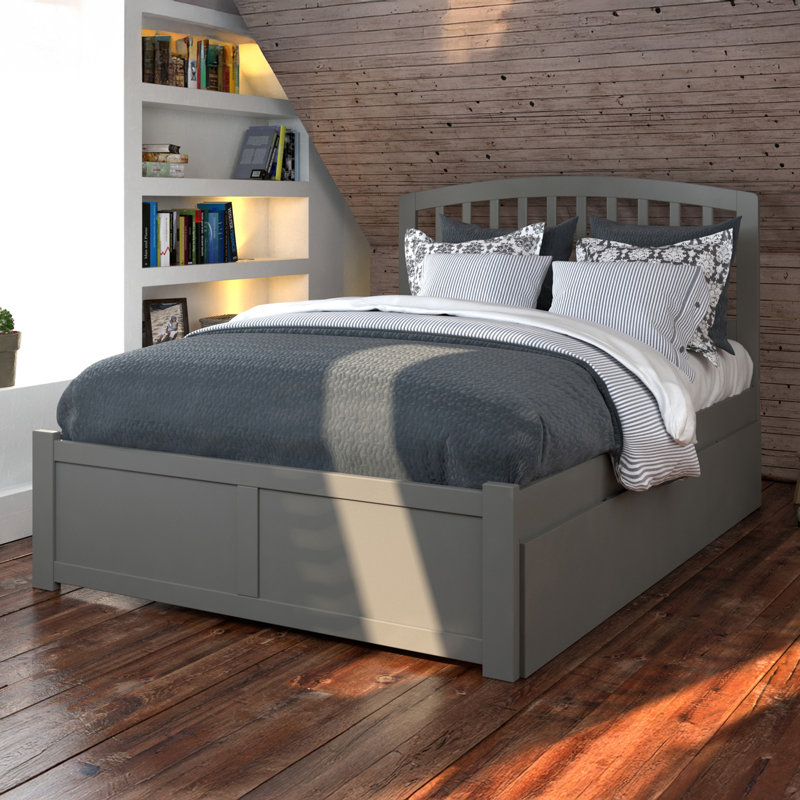 Lit plateforme en bois massif avec pied de lit et gigogne Florio, Plein, gris