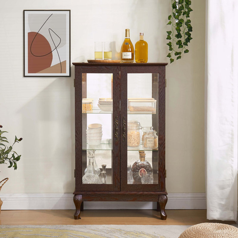 Vitrine avec portes en verre trempé, dossier en miroir et tablettes réglables, Cerisier