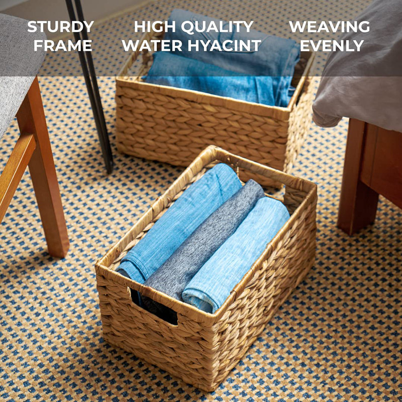 Set Of 6 Natural Water Hyacinth Woven Storage Baskets 12.6” X 8” X 7”, Rectangular Wicker Basket With Built-In Handles, Medium (Natural - Set Of 6)