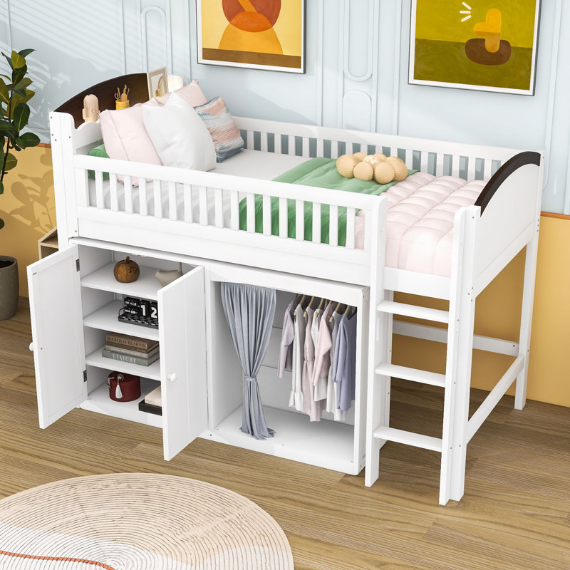 Loft Bed with Cabinet, Wardrobe and LED, Twin, White/Espresso