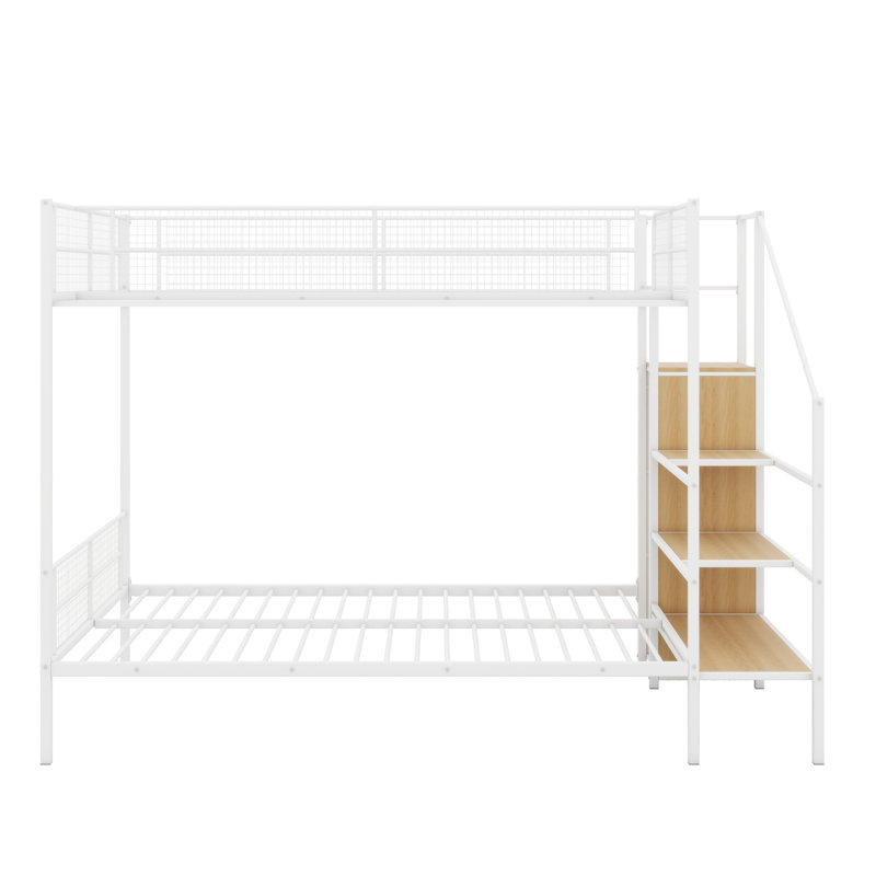 Lit superposé en métal avec tablettes en fil métallique, échelle de rangement latérale et garde-robe, Blanc