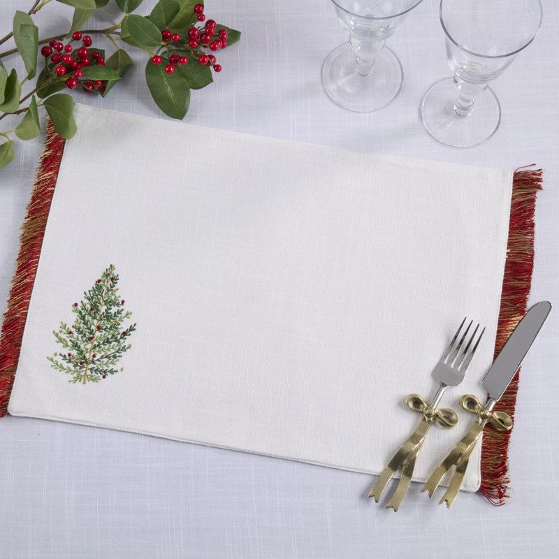 Napperons de Noël brodés (ensemble de 4) - Napperons des Fêtes avec décoration d'arbre brodé et frange décorative, Rouge