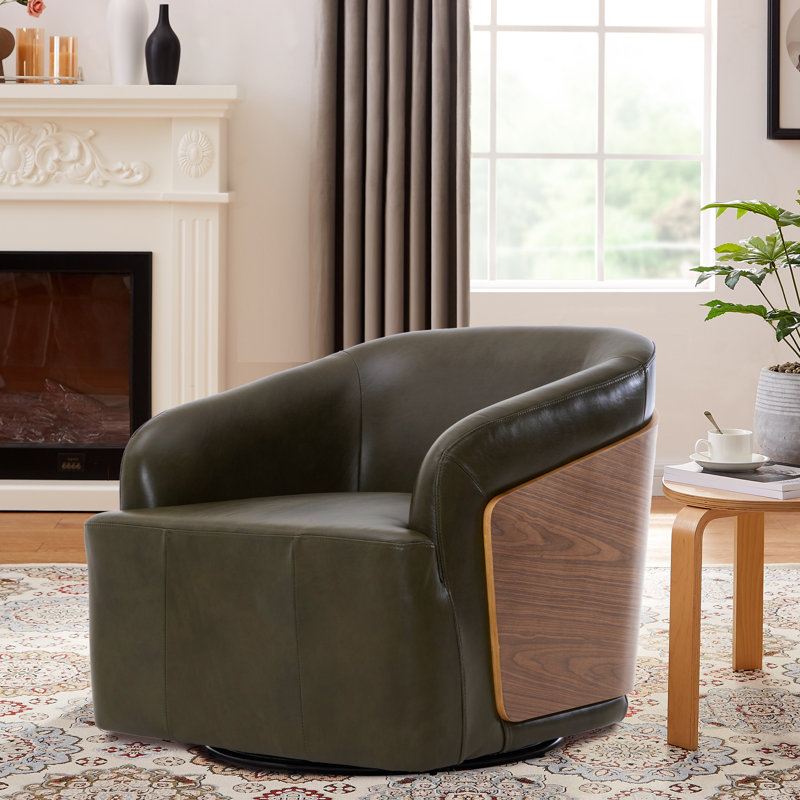 Fauteuil demi-tonneau pivotant en cuir véritable, Vert olive