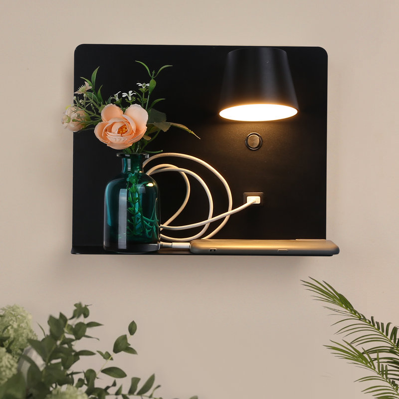 Modern Rotatable Black Led Plug In Wall Sconce Light Fixtures With Shelf And Usb Charging Port For Bedroom