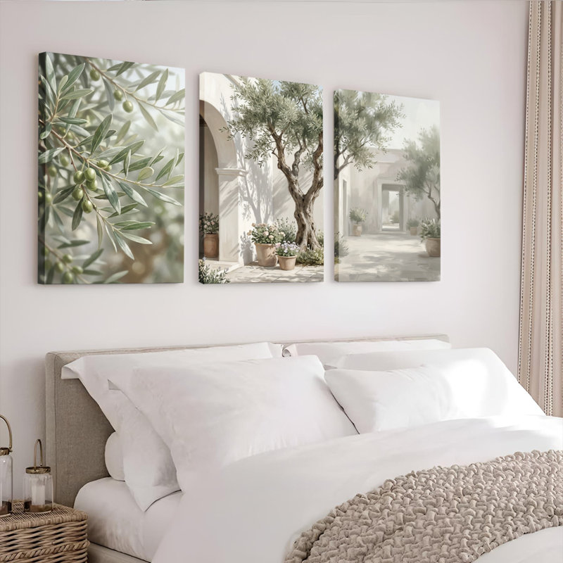 Ensemble de 3 tableaux sur toile représentant un paysage de jardin d'oliviers, pour la décoration du salon, H 30 po x l 60 po