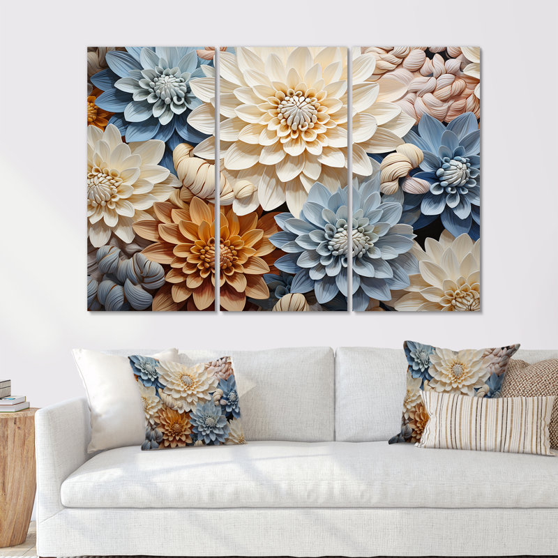 «Simplicity Mums Bloom» en beige et bleu pâle - ensemble d'art sur toile Mums, Toile tendue, H 40 po x l 60 po x P 1 po