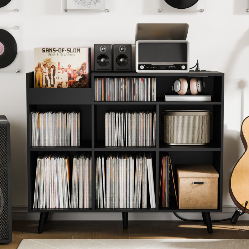 Meher 45" W Vinyl Record Storage Cabinet with Charging Station, Adjustable Open Shelves, Black