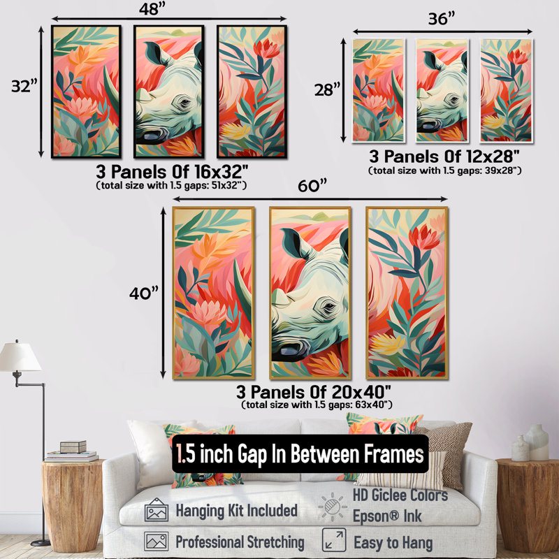 Floral rose, paradis des rhinocéros - Rhinocéros, art mural animal, Cadre flottant doré, H 28 po x l 36 po