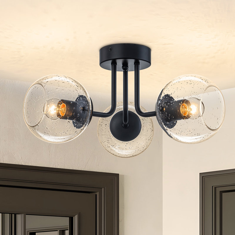 3-Light Modern Sputnik Bubble Globe Glass Semi Flush Mount, Matte Black