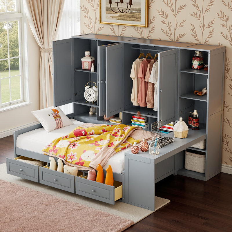 Lit de jour en bois avec bureau, armoires, tablettes ouvertes et tiroirs de rangement, lit multifonctionnel, Gris, Double