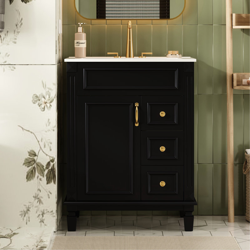 Meuble-lavabo moderne de 24 po avec lavabo en céramique, 2 tiroirs et tablette réglable - espace dans les salles de bain compactes, meuble-lavabo de style français élégant de 24 po idéal pour les petits espaces, système de tiroir