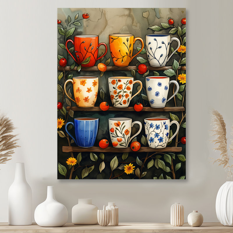 «Red Blue Boho Morning Coffee Cups III», impression d'art mural café, Métal métal, H 16 po x l 32 po