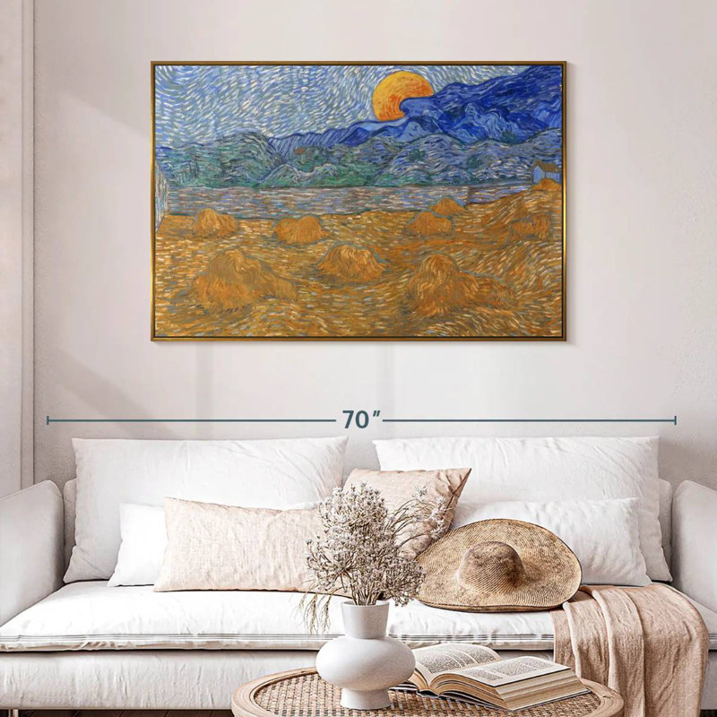Gerbes de blé et lune montante, 46 po x 31 po, Cadre flottant doré
