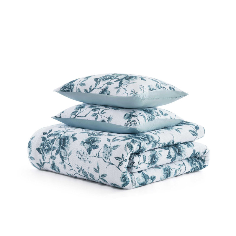 Ensemble d'édredon Martha Stewart Vivian, Édredon pour grand lit + 2 taies décoratives, Motif floral bleu
