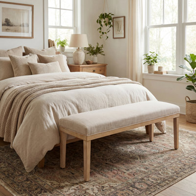 Banc de chambre rembourré beige de 53 po, base de lit en bois avec siège en tissu pour la chambre à coucher, tabouret de siège de lit