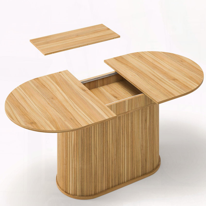 Table extensible en forme d'arc - 55,1 po à 70,9 po avec pieds rayés, finition naturelle, Naturel