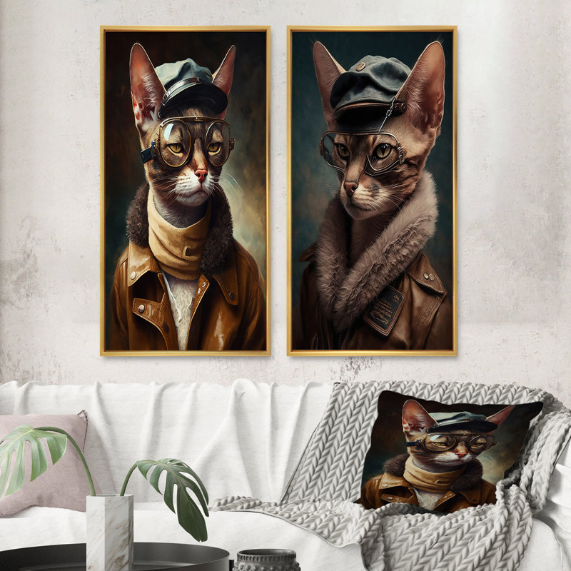 «Chat portant des vêtements», 2 pièces sur toile, Encadrement doré, H 32 po x l 32 po