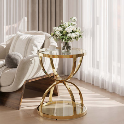 Table d'appoint moderne en verre 19,69 po avec 2 niveaux, cadres en forme d'anneau, finition chromée et verre trempé gris, table basse ronde, table de chevet pour le salon, la chambre à coucher et le bureau