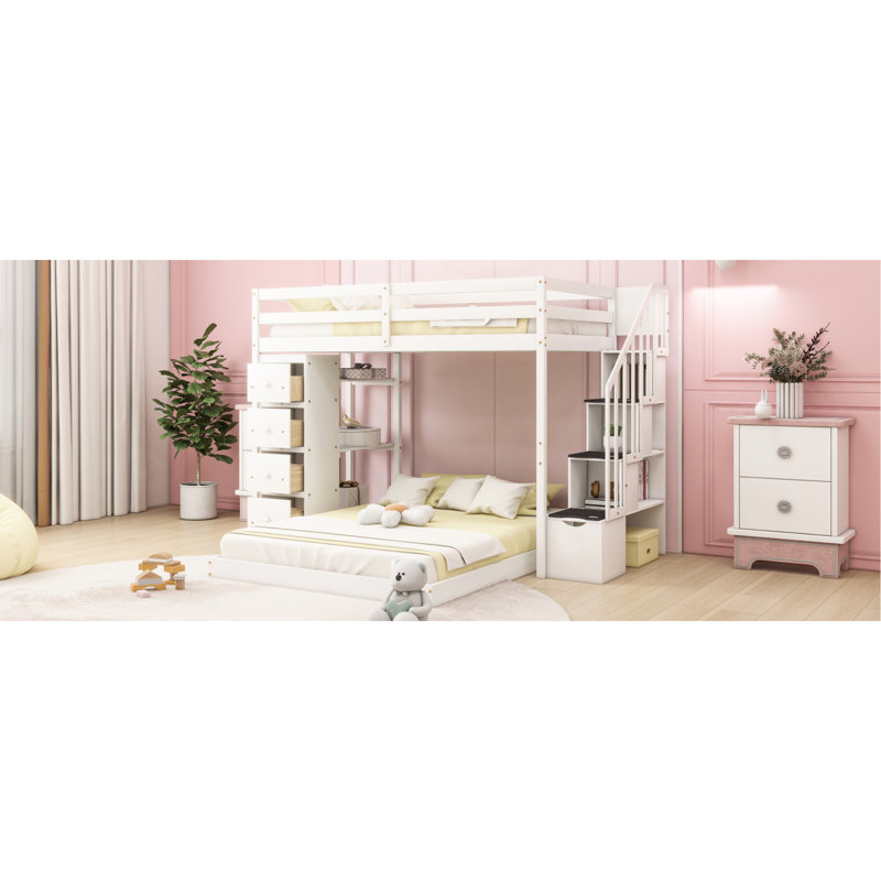 Lit superposé simple au-dessus de double blanc pour l'organisation de la chambre à coucher - équipé de tablettes à 3 couches, de tiroirs et de rangements fonctionnels dans les escaliers