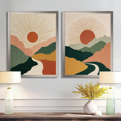 «Sunrise Mirror Of Mountains Landscape», art mural moderne de style Mid-Century 2 pièces