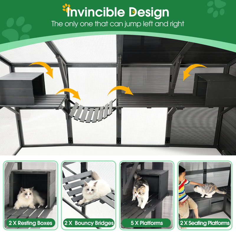 Cage à chat spacieuse en bois - Extérieur avec plateformes, abris et protection pour plusieurs chatons