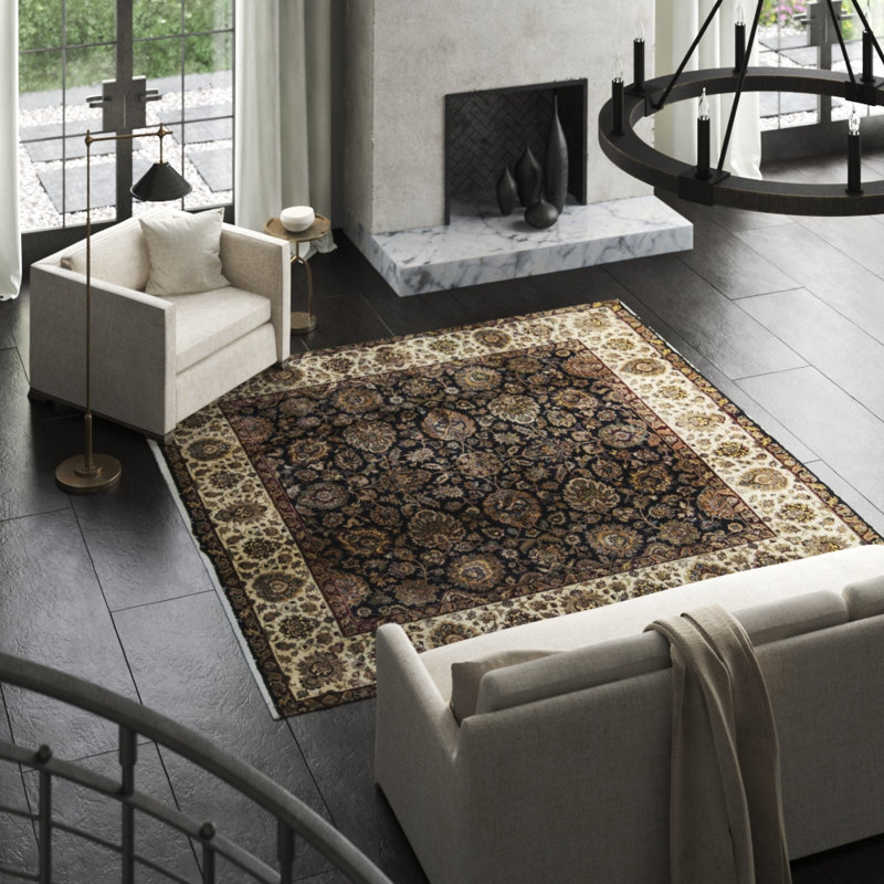 Hand-Knotted High-Quality Black and Cream Square Area Rug