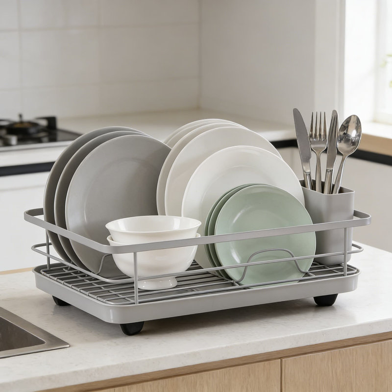 3-Piece Dish Drying Rack Set With Drainboard And Removable Utensil Holder, Space-Saving Countertop Dish Drainer With 360-Degree Swivel Spout For Efficient Kitchen Organization