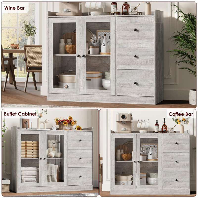 Buffet moderne de 43 po, armoire de rangement avec garde-corps, 3 tiroirs, tablettes réglables, portes en verre trempé, table de salle à manger en bois