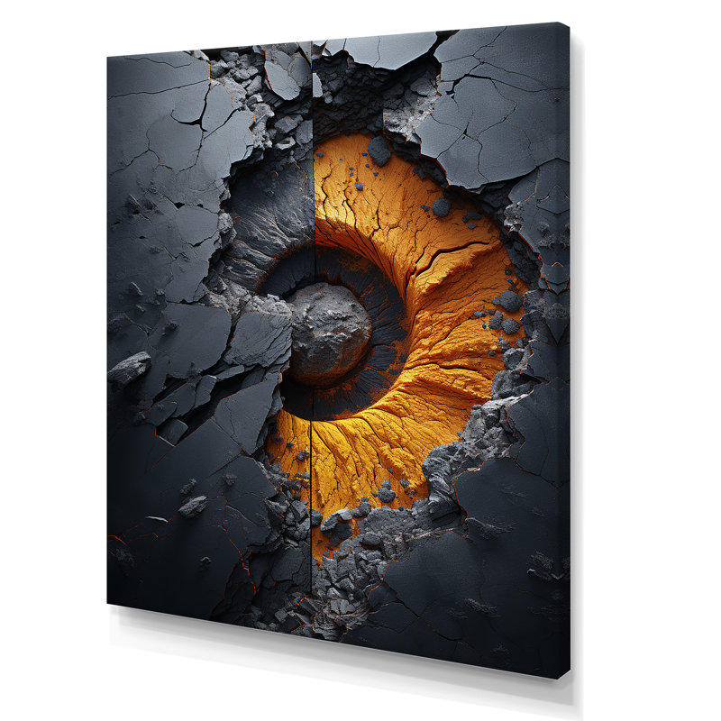 Volcan jaune en spirale de lave - art abstrait spirales murales, Toile tendue, H 40 po x l 30 po x P 1,5 po