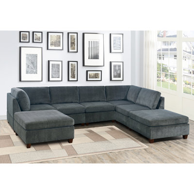Ensemble de canapé modulaire modulaire en U modulaire 7 pièces avec revêtement en chenille, 2 coins d'angle, 3 fauteuils sans accoudoirs et 2 repose-pieds pour une assise polyvalente