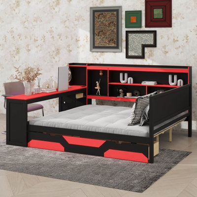 Lit de jour contemporain orienté jeu avec bureau et éclairage intégrés, structure de lit en bois comprenant 3 sections, tête de lit avec bibliothèque