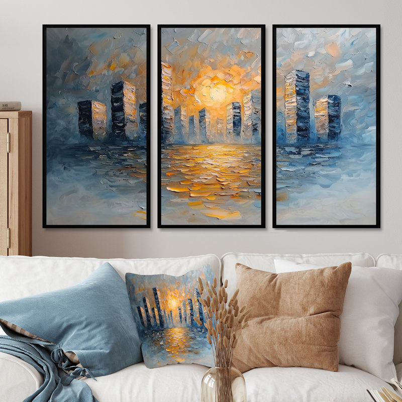 «Urban Sunrise On Cubic Chicago II», art mural sur toile minimalisme - 3 panneaux, H 28 po x l 36 po, Noir