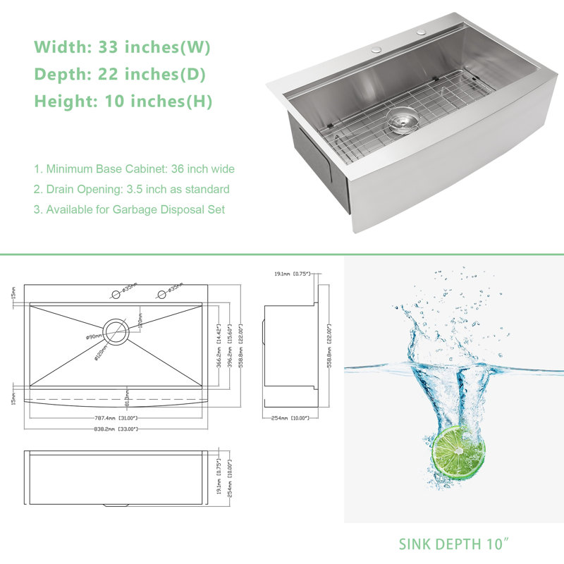 33"L x 22"W Farmhouse / Apron Front Workstation Kitchen Sink 16 Gauge Stainless Steel Single Bowl Drop-In Kitchen Sink