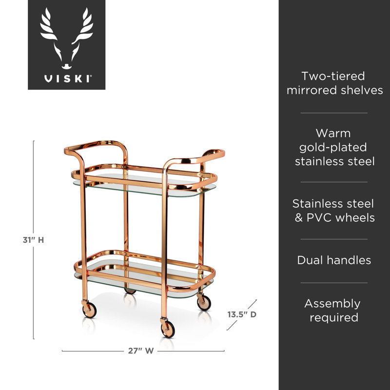 Viski Kitchen and Bar Cart with Wheels and Mirror Shelves, Kitchen and Bartending Accessories Holder, Stainless Steel, Vintage Gold Finish