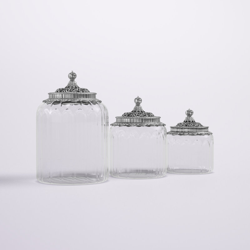 3 pots décoratifs en verre transparent avec couvercle argenté gravé 6 po, 7 po, 9 po