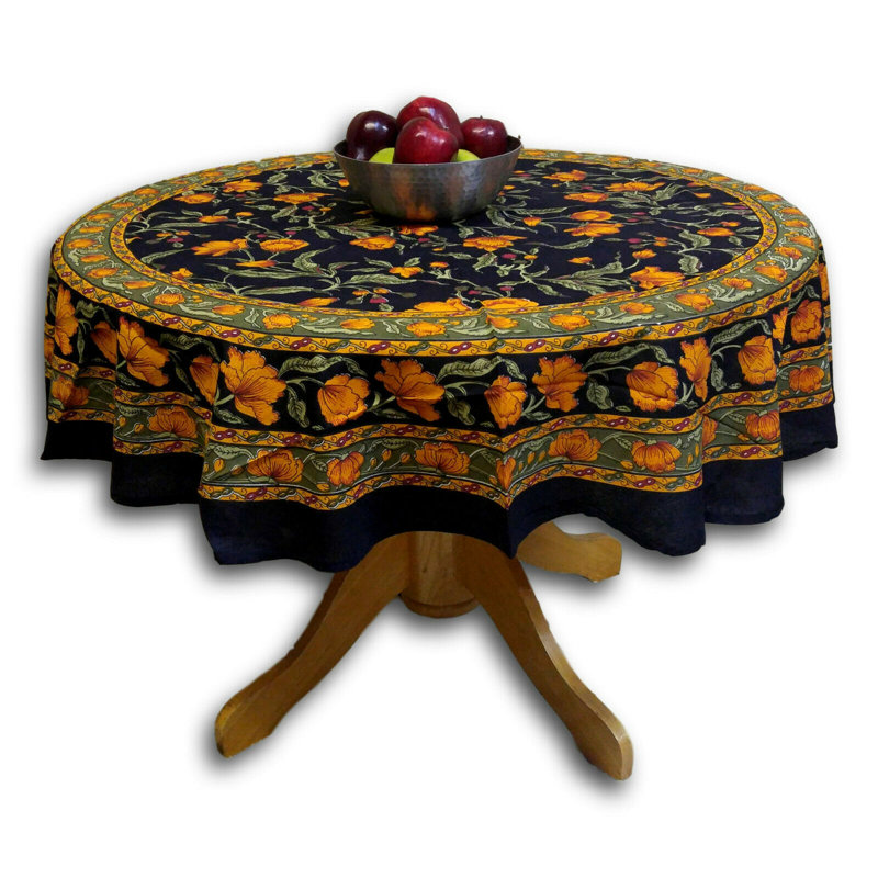 Grinnell French Floral Cotton Tablecloth, Black Amber, 60" Round