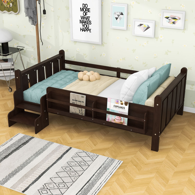 Floor Bed with Storage Bookcases and Guardrails, Twin, Espresso