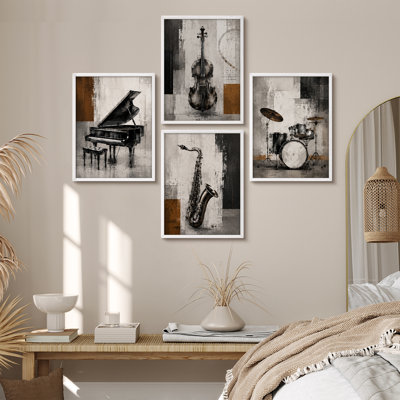Vintage Musical Instruments Piano Violin Saxophone Drum Framed Wall Art Prints Set of 4 - Music Studio Living Room Office Band Room Decor