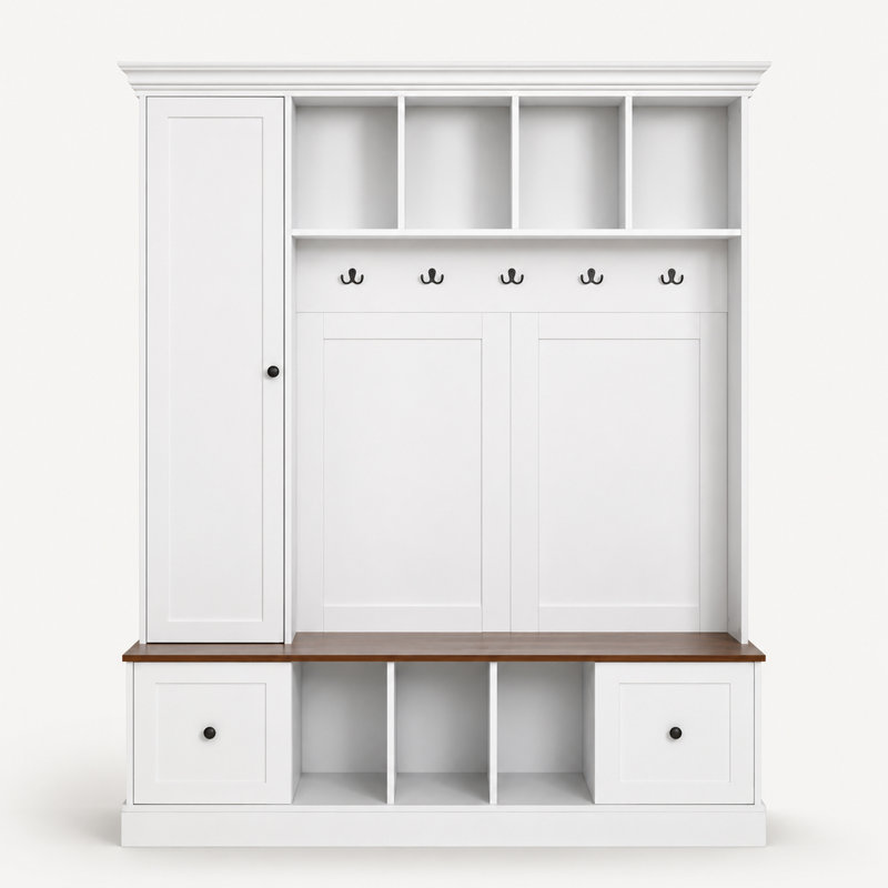 Farmhouse Hall Tree, Entryway Coat Rack with Shoe Storage Bench, 5 Hooks, Cabinet, Drawers, Cubbies, White