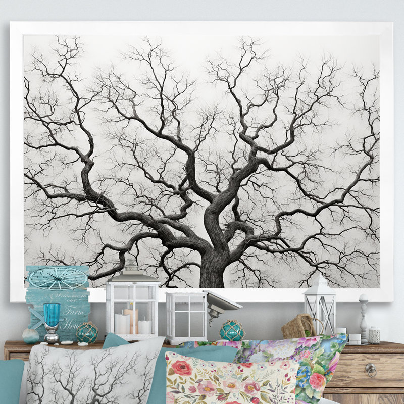 Minimalisme, arbres en chêne noir et blanc I sur toile, Cadre photo blanc, H 30 po x l 40 po x P 1,5 po