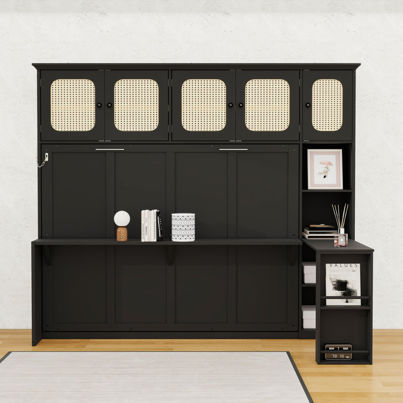 Lit escamotable double en bois avec bureau intégré et tablettes, Noir